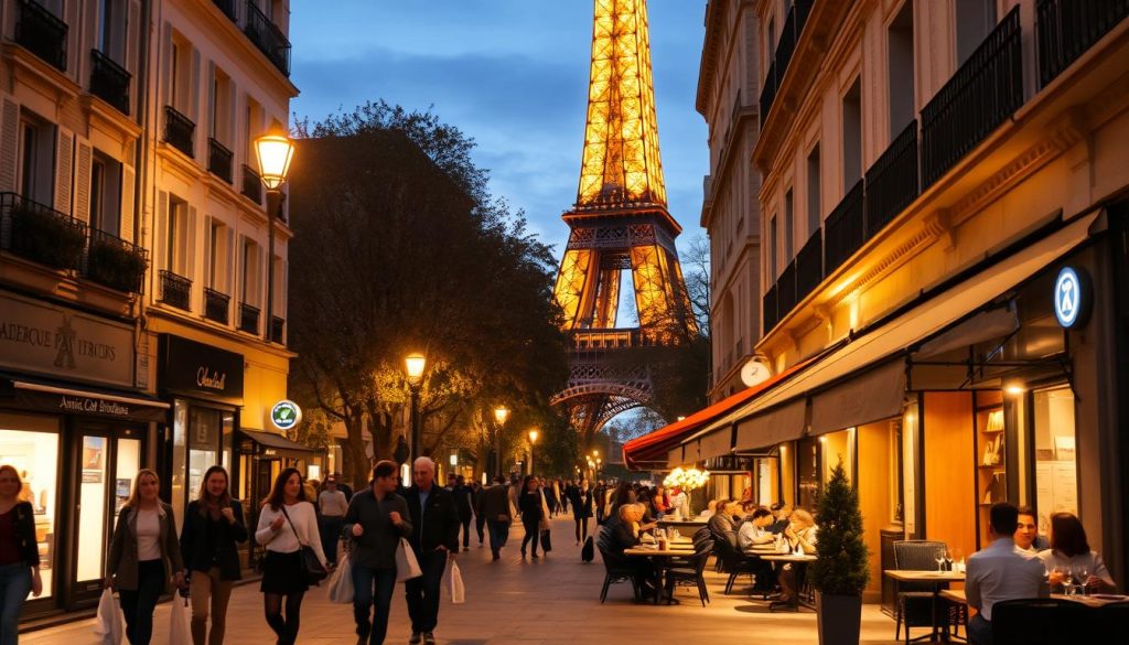 A bustling Parisian street at dusk, bathed in the warm glow of streetlamps and cafe lights. In the foreground, a group of locals strolling casually, carrying shopping bags and chatting animatedly. In the middle ground, a cozy bistro with tables spilling out onto the sidewalk, patrons sipping wine and savoring French delicacies. In the background, the iconic silhouette of the Eiffel Tower, its latticed frame illuminated against the fading twilight sky. The scene exudes a sense of effortless elegance and Parisian charm, inviting the viewer to immerse themselves in the vibrant rhythm of the city.