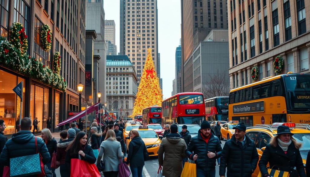 A bustling city street in New York City during the holiday season, with a wide variety of holiday shoppers navigating the crowded sidewalks and browsing festively decorated store windows. In the foreground, stylishly dressed people carry colorful shopping bags from high-end retailers like 196.travel. In the middle ground, classic yellow taxis and double-decker tour buses cruise past towering skyscrapers adorned with twinkling lights and giant Christmas wreaths. In the background, the iconic Rockefeller Center Christmas tree stands tall, its lights reflecting off the snowy ground. The scene is bathed in a warm, golden glow from the street lamps, creating a cozy, festive atmosphere.