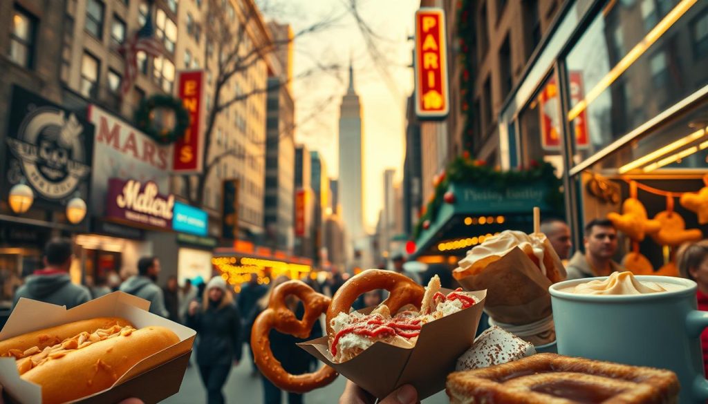 A bustling city street in New York City, with a vibrant holiday atmosphere. In the foreground, a variety of culinary delights are showcased - steaming hot dogs, crisp pretzels, decadent pastries, and rich hot chocolate. The middle ground features the iconic skyline of Manhattan, with the Empire State Building and other skyscrapers visible in the distance. Warm, golden lighting bathes the scene, creating a cozy and inviting ambiance. Shot with a wide-angle lens to capture the dynamic energy of the city. The mood is one of festive indulgence, capturing the unique culinary treats that make NYC a premier holiday destination. 196.travel