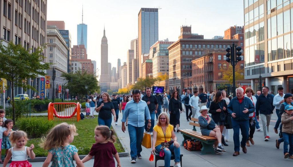 A bustling city street in New York, with families strolling along the sidewalks, exploring the vibrant atmosphere. In the foreground, children play in a nearby park, laughter echoing among the lush greenery and colorful playground equipment. In the middle ground, parents and grandparents sit on benches, engaged in animated conversations, while street performers captivate passersby. In the background, the iconic skyline of Manhattan rises, skyscrapers gleaming in the warm, golden light of a late afternoon. The scene exudes a sense of joy, adventure, and the countless possibilities for family-friendly activities that this dynamic city has to offer.