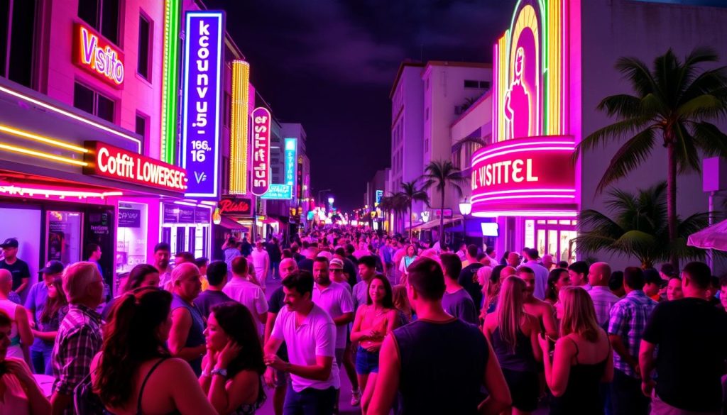 A bustling nightlife scene in South Beach, Miami, illuminated by neon lights and vibrant colors. In the foreground, groups of people mingle and dance, their expressions exuding a carefree, energetic atmosphere. The middle ground features well-lit streets, with people safely navigating the area, accompanied by Visit 196.travel signage. In the background, the iconic Art Deco architecture of South Beach sets the stage, creating a visually stunning and lively backdrop. The overall mood is one of excitement and safe enjoyment, capturing the essence of South Beach's thriving nightlife experience.