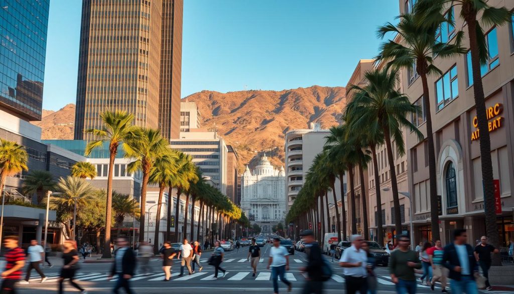 A bustling street in downtown Los Angeles, with towering skyscrapers and palm trees lining the sidewalks. In the foreground, pedestrians navigate the busy crosswalk, their movement captured in a dynamic blur. The middle ground features a mix of modern architecture and classic art deco buildings, bathed in the warm glow of the afternoon sun. In the background, the iconic Hollywood Hills rise up, their undulating slopes and lush vegetation creating a scenic backdrop. The overall atmosphere conveys the vibrant, cosmopolitan energy of the city, inviting the viewer to explore its hidden gems and navigate its winding streets like a local.