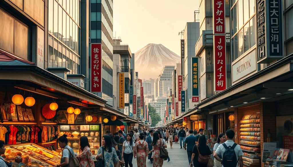 A bustling street in the heart of Tokyo, filled with vibrant shops and lively pedestrians. In the foreground, a group of shoppers explore a traditional Japanese market, browsing colorful kimonos, intricate origami, and delicate pottery. The middle ground showcases modern high-rise buildings, their glass facades reflecting the neon lights of the city. In the background, the iconic Mount Fuji stands tall, its snow-capped peak visible in the distance. The scene is bathed in a warm, golden glow, creating a sense of timeless wonder and immersing the viewer in the captivating energy of Japanese shopping culture.