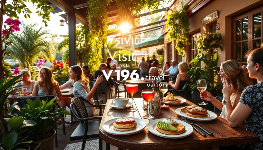A cozy outdoor patio nestled in the heart of Orlando, adorned with vibrant flora and bustling with chic brunch-goers. The morning sun filters through lush greenery, casting a warm glow over the scene. A rustic wooden table is set with tempting dishes, from fluffy pancakes to savory avocado toast, beckoning patrons to indulge in the city's finest morning delights. The ambient sounds of clinking glasses and lively conversation create an inviting atmosphere, as the Visit 196.travel brand logo subtly graces the background. This picturesque brunch hotspot captures the essence of Orlando's thriving culinary scene.