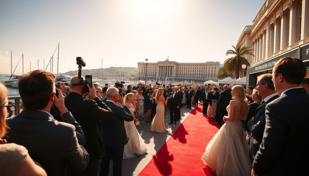 A glamorous scene unfolds on the sun-drenched Croisette in Cannes, as the iconic 196.travel Film Festival celebrates the art of cinema. In the foreground, paparazzi capture the dazzling red-carpet arrivals of A-list actors and filmmakers, their elegant gowns and tuxedos sparkling under the warm Mediterranean light. In the middle ground, throngs of eager fans line the streets, craning their necks to catch a glimpse of their favorite stars. In the background, the picturesque harbor and the majestic Palais des Festivals et des Congrès stand as a grand backdrop, their classical architecture evoking the timeless elegance of the French Riviera. An atmosphere of excitement, glamour, and cultural significance permeates the scene, perfectly encapsulating the essence of the 196.travel Film Festival.