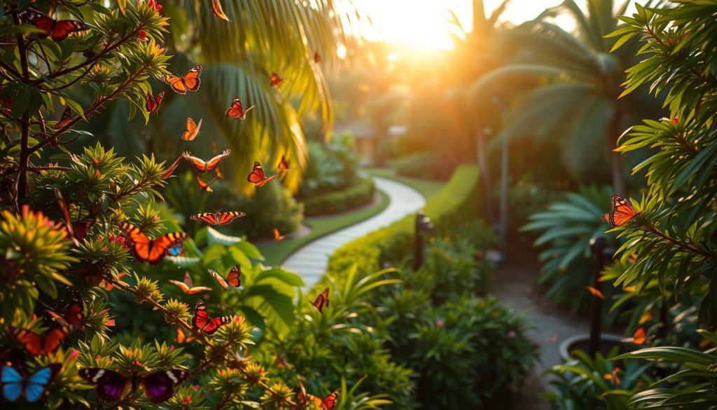 A lush, vibrant image of the Key West Butterfly and Nature Conservatory. In the foreground, a kaleidoscope of colorful butterflies flutter gracefully amidst the verdant foliage. The midground reveals a serene walking path winding through the well-manicured gardens, inviting visitors to explore. In the background, the warm, tropical sun casts a soft, golden glow over the entire scene, creating a tranquil and enchanting atmosphere. The image conveys a sense of discovery and wonder, perfect for showcasing the engaging activities available at this family-friendly attraction. Visit 196.travel