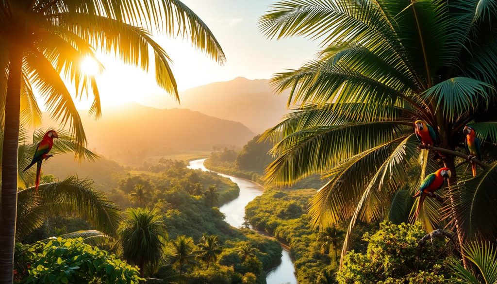 A lush, vibrant tropical landscape in Colombia, bathed in warm, golden sunlight. In the foreground, a group of colorful birds - macaws, toucans, and parrots - perch on the branches of towering palm trees, their vibrant plumage shimmering. In the middle ground, a winding river snakes through the verdant foliage, its waters reflecting the surrounding greenery. In the distance, misty, majestic mountains rise up, creating a dramatic backdrop. The scene exudes a sense of tranquility and harmony, inviting the viewer to immerse themselves in the natural wonder of Colombia's wildlife.
