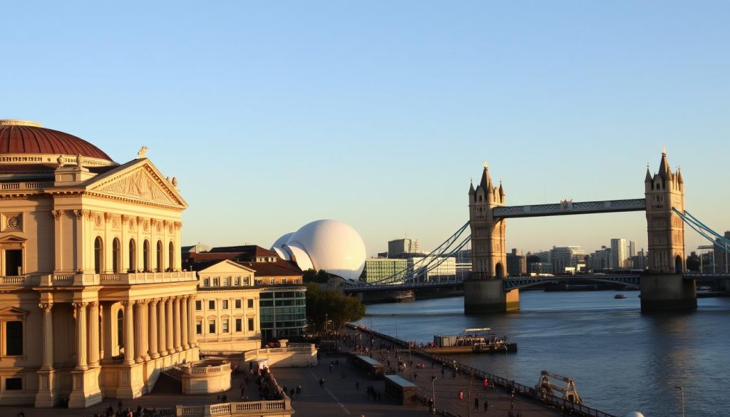 A panoramic view of London's iconic cultural attractions, bathed in warm afternoon light. In the foreground, the grand facade of the Royal Opera House stands tall, its intricate neoclassical design casting long shadows. In the middle ground, the sleek, modern lines of the Tate Modern art gallery rise against the backdrop of the River Thames, its banks dotted with pedestrians. In the distance, the unmistakable silhouette of the Tower Bridge spans the river, its gothic towers and suspension cables creating a stunning architectural contrast. The scene is imbued with a sense of energy and vibrancy, capturing the essence of London's rich cultural tapestry.