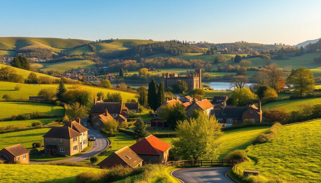 A picturesque English countryside landscape with rolling hills, lush green meadows, and charming villages nestled between them. In the foreground, a winding country road leads to a quaint town with traditional brick and stone buildings, their tiled roofs glistening in the warm, golden sunlight. In the middle ground, a historic castle or stately manor stands majestically, surrounded by verdant trees and a serene lake. The background is dominated by gently undulating hills, their slopes dotted with vibrant wildflowers and tall, swaying trees. The scene is bathed in a soft, diffused light, creating a tranquil and inviting atmosphere, perfect for a day trip from bustling London.