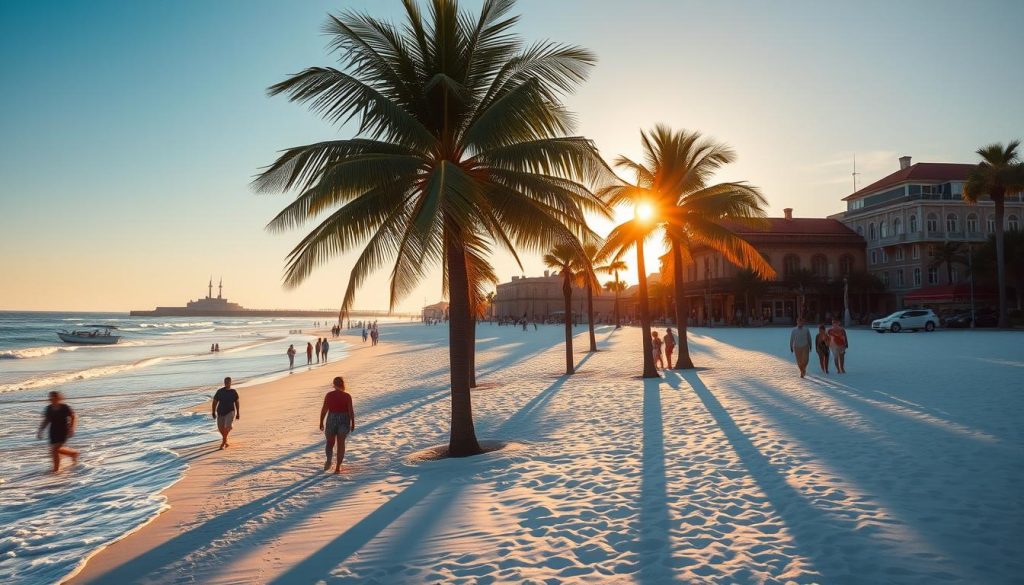 A picturesque coastal scene of St. Augustine Beach, Florida. Warm golden sunlight bathes the pristine white sand, casting long shadows across the gently lapping waves. In the foreground, beachgoers stroll along the shore, their silhouettes framed by the iconic Spanish-style architecture of historic St. Augustine. Verdant palm trees sway in the coastal breeze, creating a tranquil, relaxed atmosphere. In the distance, the historic Castillo de San Marcos stands as a testament to the city's storied past. The vibrant hues and timeless charm of this destination are captured through a wide-angle lens, showcasing the essence of "Exploring the Historic Beaches of St. Augustine". Visit 196.travel