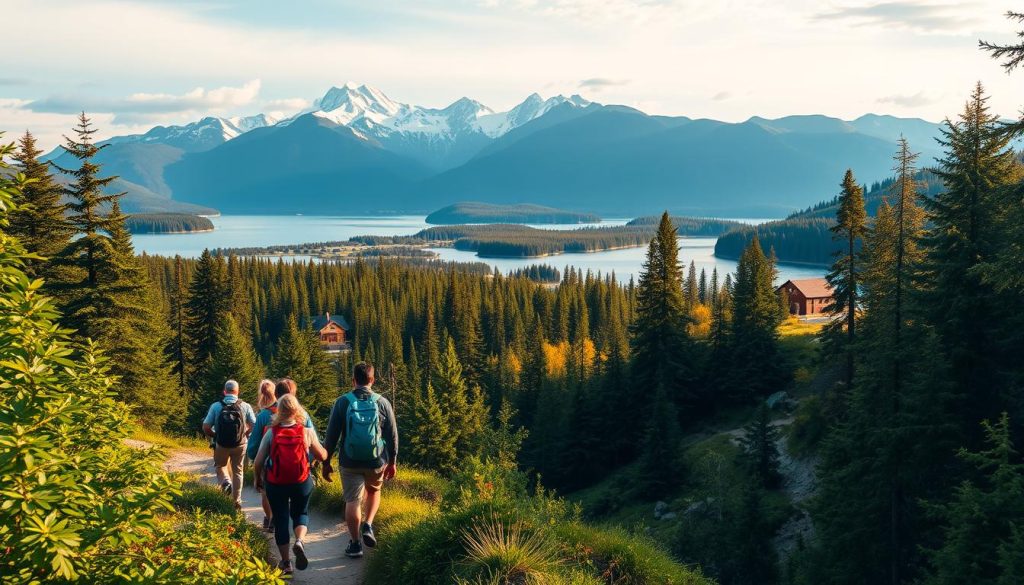 A scenic overview of North America's diverse landscapes and travel experiences. In the foreground, a group of travelers exploring a lush, verdant forest trail, with sunlight filtering through the canopy. In the middle ground, a majestic mountain range rises, capped with snow. In the background, a serene lake reflects the sky's hues, with a small cabin nestled on the shore. The mood is one of adventure, tranquility, and the boundless possibilities of North American exploration. Soft, warm lighting illuminates the scene, captured with a wide-angle lens to convey a sense of grandeur and expansiveness. This image encapsulates the essence of the "Travel Tips for Visiting North America" section, inviting the viewer to embark on their own North American journey.