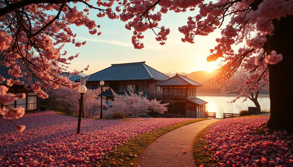 A serene scene of a classic Japanese ryokan nestled amidst a lush cherry blossom landscape. In the foreground, a narrow path winds through a carpet of fallen pink petals, inviting guests to explore. The mid-ground features the ryokan's traditional architecture, with its tiled roofs and paper-paneled windows, framed by the delicate pink blossoms of the sakura trees. In the background, a tranquil river reflects the changing hues of the sky, as the golden glow of the setting sun paints the scene in a warm, ethereal light. Captured by the 196.travel lens, this image evokes the tranquil spirit of Japan during its most picturesque season.
