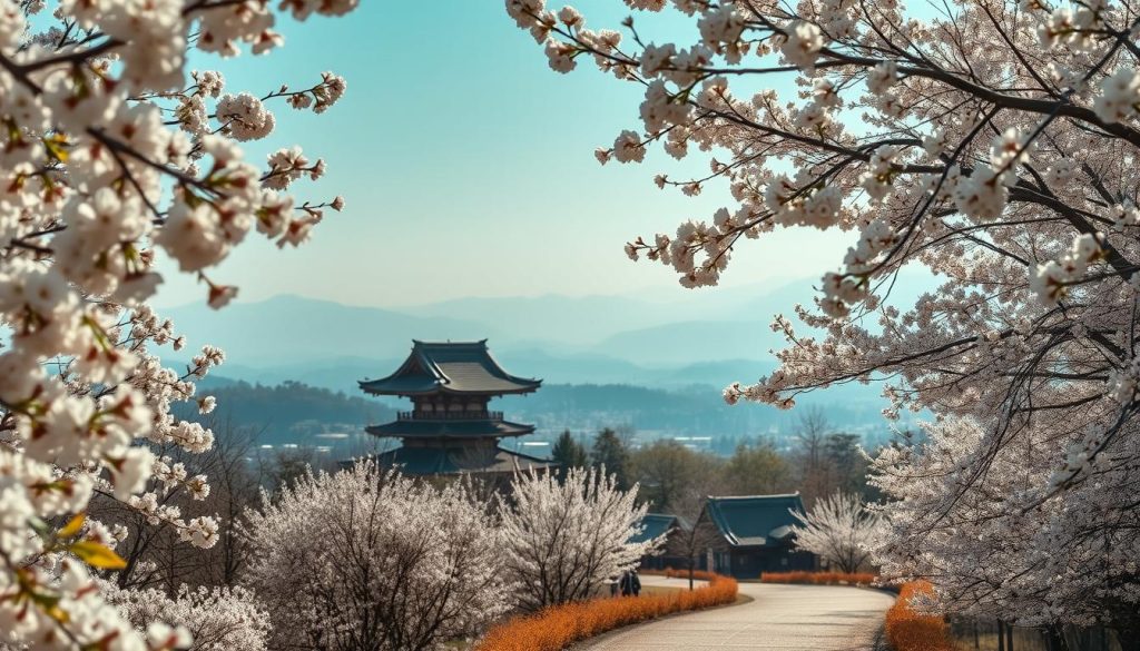 A serene springtime scene in Japan, a panoramic landscape of delicate cherry blossoms in full bloom. Soft, diffused natural lighting filters through the lush canopy, casting a warm, romantic glow over the tranquil setting. In the foreground, a winding path leads visitors through the enchanting floral display, inviting exploration. In the middle ground, a traditional Japanese temple or shrine stands majestically, its ornate architecture complementing the seasonal splendor. The background offers a hazy, dreamlike vista of rolling hills and distant mountains, completing the picturesque 196.travel destination. Evoke the essence of Japan's iconic cherry blossom season with this harmonious, immersive image.