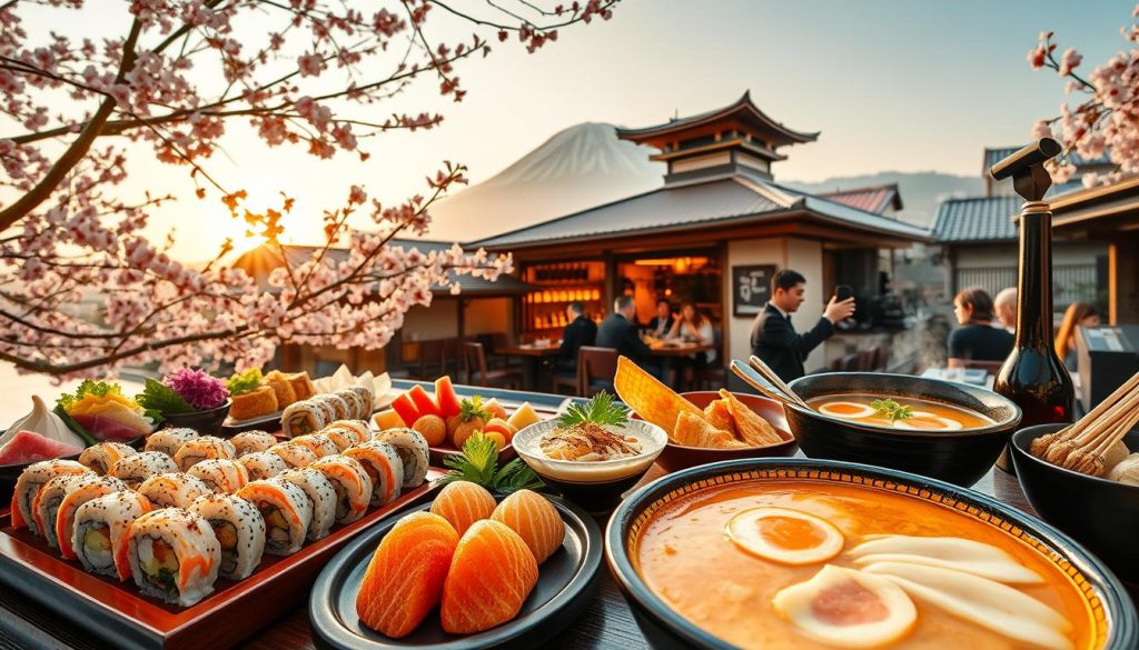 A sumptuous spread of Japanese culinary delights against a backdrop of cherry blossoms and traditional architecture. In the foreground, vibrant sushi rolls, steaming ramen, and delicate wagashi sweets artfully arranged on lacquered trays. In the middle ground, a bustling izakaya scene with diners savoring skewered yakitori and sipping craft sake. The background features the iconic silhouette of Mount Fuji, shrouded in a soft, golden glow as the sun sets over the serene landscape. Captured with a wide-angle lens and natural lighting, the image exudes the harmony, refinement, and sensory delight that define the essence of Japanese cuisine and culture.