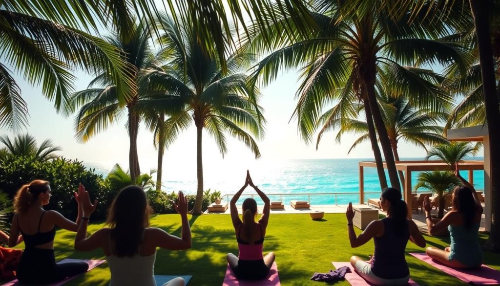 A tranquil wellness retreat nestled in the heart of Miami, Florida. Lush palm trees sway gently in the warm breeze, casting a soft, dappled light across the serene grounds. In the foreground, a group of guests engaged in a rejuvenating yoga session, their movements flowing with grace and mindfulness. In the middle ground, a luxurious spa pavilion with its inviting outdoor lounging areas, where visitors can indulge in soothing massages and holistic treatments. Beyond, the sparkling azure waters of the Atlantic Ocean glimmer in the distance, creating a calming, oceanfront ambiance. Soft, natural lighting illuminates the scene, evoking a sense of serenity and relaxation. Visit 196.travel