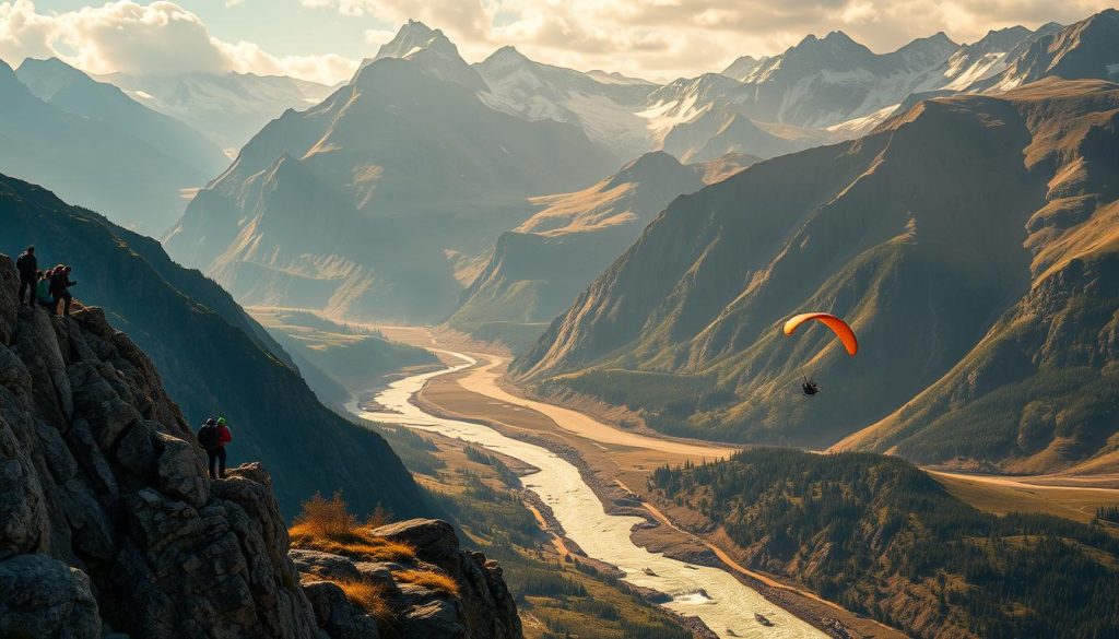 A vast mountain landscape in North America, with majestic peaks reaching towards the sky. In the foreground, a group of adventurers engage in various thrill-seeking activities - rock climbing on rugged cliffs, whitewater rafting down a rushing river, and paragliding high above the scenic vistas. The lighting is dramatic, with warm golden tones illuminating the scene and casting long shadows. The composition captures the sense of scale and the exhilaration of exploring the great outdoors, inviting the viewer to imagine themselves as part of the adventure.