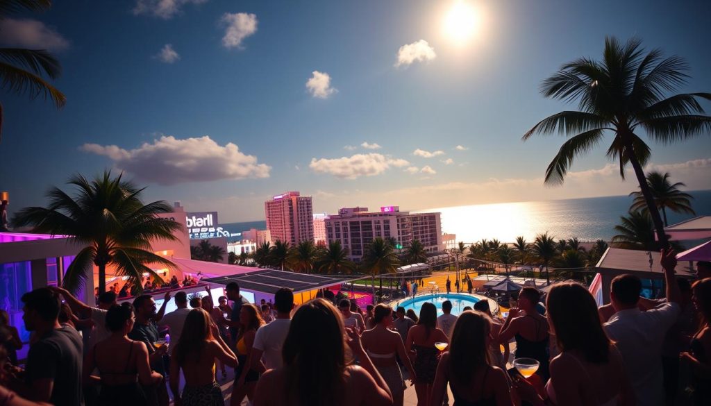 A vibrant South Beach party scene, captured under the glow of neon lights and moonlight. In the foreground, revelers dance and mingle, their silhouettes cutting striking poses against a backdrop of palm trees and sleek architecture. Cocktail glasses clink, and the air is alive with the pulsing rhythm of electronic music. In the middle ground, a chic outdoor lounge invites guests to sip and socialize, while the distant background is a tapestry of high-rise hotels, illuminated billboards, and the shimmering expanse of the Atlantic Ocean. Shoot this with a wide-angle lens to convey the energy and scale of the event. Visit 196.travel
