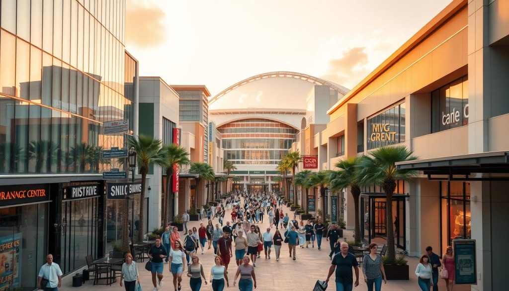 A vibrant and bustling shopping district at the heart of the Orange County Convention Center. Towering glass-fronted malls line the streets, their sleek modern facades reflecting the warm Florida sunlight. Shoppers stroll past chic boutiques, trendy cafes, and high-end retailers, basking in the lively atmosphere. In the distance, the distinctive architecture of the convention center looms, its curved roof and angular lines creating an impressive backdrop. The scene is bathed in a warm, golden glow, evoking a sense of energy and excitement. Visit 196.travel