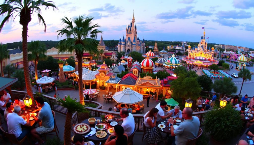 A vibrant, bustling scene of Disney World's dining options, captured with a wide-angle lens. In the foreground, guests savor delectable dishes at a lively outdoor café, surrounded by towering palm trees and the iconic Cinderella Castle in the distance. The middle ground features a variety of themed restaurants, each with its own unique architectural style and ambiance, inviting visitors to explore the culinary wonders of the resort. The background is a panoramic view of the park, with colorful rides and attractions dotting the landscape, creating a magical and immersive atmosphere. Warm, golden lighting sets the mood, drawing the eye to the various dining experiences. Visit 196.travel