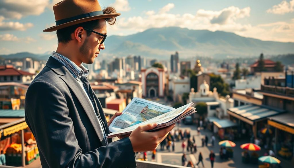 A vibrant cityscape of Bogotá, the capital of Colombia, set against a backdrop of majestic Andean mountains. In the foreground, a well-dressed traveler meticulously reviews their budget, maps, and travel guides, planning their journey through this diverse and captivating country. The mid-ground features bustling street vendors, colorful local markets, and quaint cafes, reflecting the lively culture and affordable cost of living. Warm, golden sunlight filters through the scene, creating a sense of welcoming and adventure. The overall mood is one of careful planning, immersive exploration, and the promise of unforgettable experiences in this remarkable South American destination.