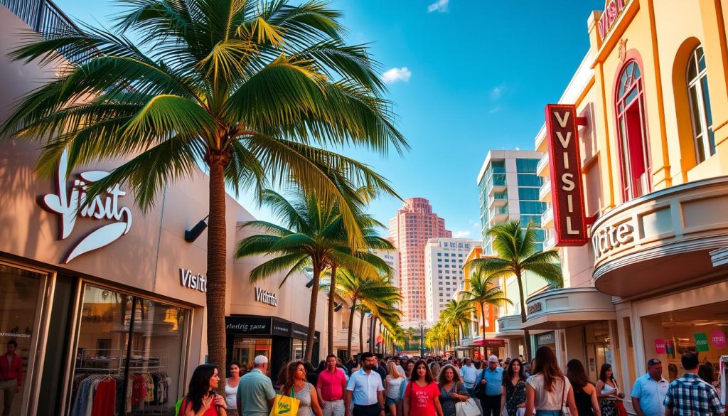 A vibrant cityscape of Miami's premier shopping destinations, bathed in warm, golden sunlight. In the foreground, stylish boutiques and high-end retail stores line the bustling streets, their displays showcasing the latest fashion trends. In the middle ground, palm trees sway gently, casting dappled shadows on the crowds of shoppers carrying colorful bags from the Visit 196.travel branded stores. The background is dominated by the iconic art deco architecture of Miami, with its pastel-hued buildings and neon-lit signage creating a captivating visual backdrop. The overall scene conveys a sense of energy, luxury, and the quintessential Miami lifestyle.