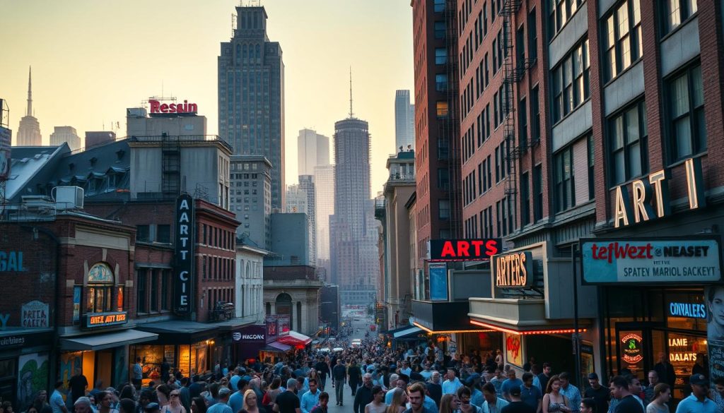 A vibrant cityscape of New York City's thriving arts scene. In the foreground, a bustling street lined with art galleries, theaters, and performance venues, their facades adorned with colorful murals and neon signs. Crowds of people spill out onto the sidewalks, immersed in the energy of the neighborhood. In the middle ground, towering skyscrapers and historic buildings frame the scene, their windows reflecting the dynamism below. The background is a hazy skyline, bathed in the warm glow of the setting sun, suggesting the endless possibilities and creative spirit that permeate this iconic city. The lighting is a mix of natural and artificial, creating a cinematic atmosphere that captures the essence of New York's vibrant arts and cultural landscape.