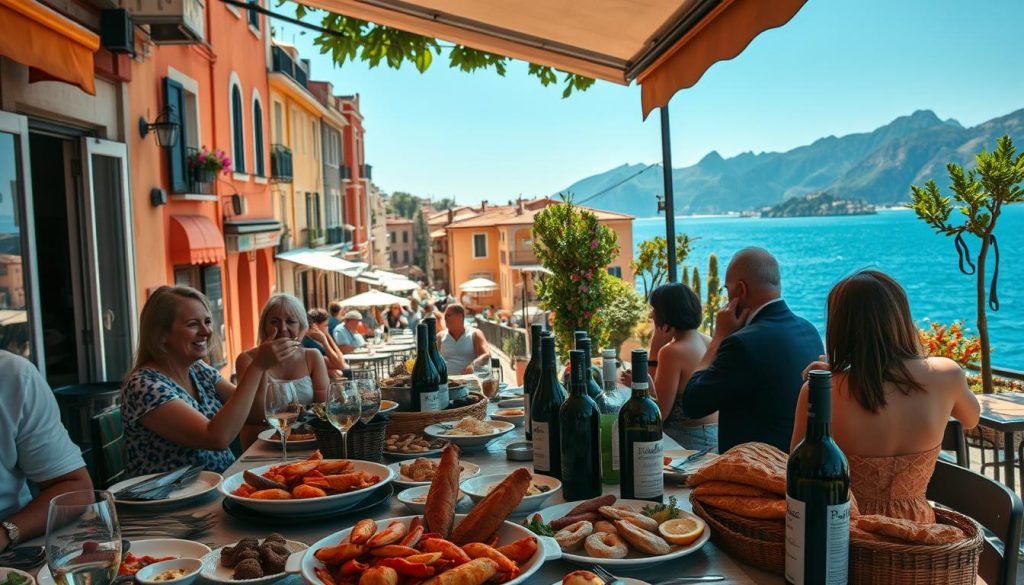 A vibrant outdoor cafe along the picturesque Côte d'Azur, the French Riviera. In the foreground, a table overflows with a sumptuous spread of regional delicacies - fresh seafood, savory tarts, and bottles of local wine. Diners savor their meals amid the gentle hum of conversation and the warmth of the Mediterranean sun, captured by a wide-angle lens. In the middle ground, charming buildings in warm ochre and terracotta hues line the bustling street, their facades adorned with colorful potted plants. In the background, the sparkling azure waters of the Ligurian Sea and the dramatic silhouette of the Maritime Alps create a breathtaking panorama. This culinary scene, a quintessential 196.travel experience, embodies the joie de vivre of the French Riviera.