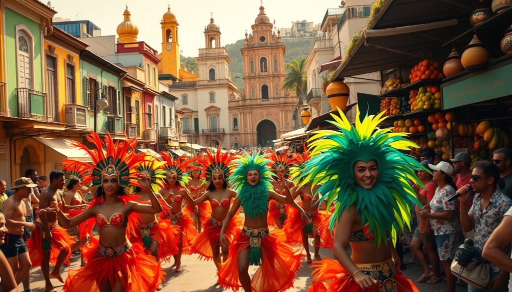 A vibrant scene of Brazilian culture and music. In the foreground, a lively samba dance performance with energetic performers adorned in colorful, feathered costumes. The middle ground features a backdrop of iconic Brazilian architecture, such as brightly painted buildings and ornate churches. In the background, a bustling street market overflows with vendors selling handcrafted goods, musical instruments, and exotic fruits. Warm, golden lighting creates a festive atmosphere, while the camera captures the energy and rhythm of this vibrant cultural celebration.