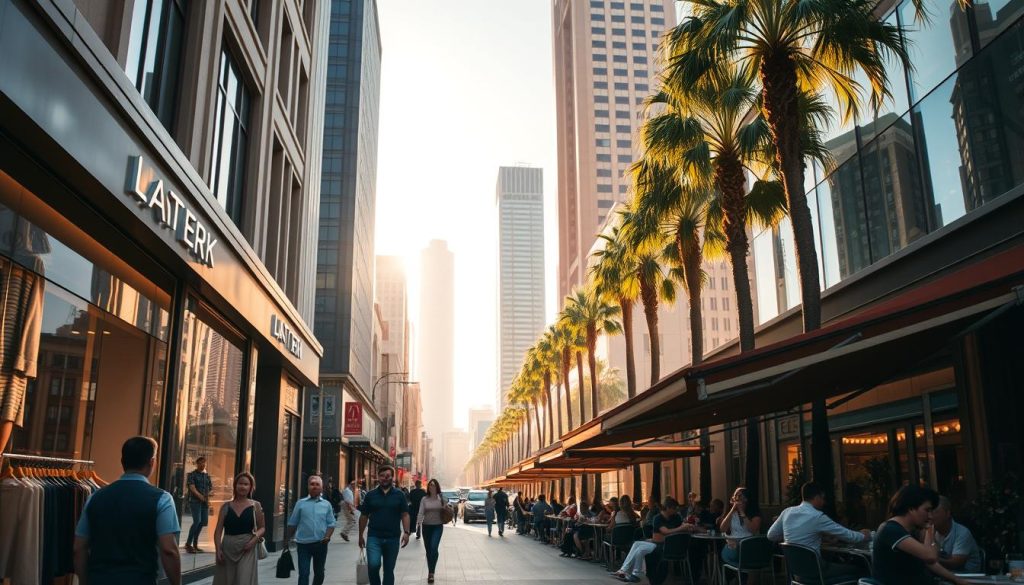A vibrant street scene in the heart of Los Angeles, showcasing the city's bustling shopping district. In the foreground, pedestrians stroll past a row of high-end boutiques, their windows displaying the latest fashion trends. Midground, a bustling sidewalk café offers a glimpse of the city's lively cafe culture, with people sipping coffee and enjoying the sunny California weather. In the background, the iconic palm trees and towering skyscrapers of downtown LA create a dynamic urban landscape, bathed in the warm, golden light of the afternoon sun. The scene captures the energy, style, and diversity that define the shopping experience in this iconic American city.
