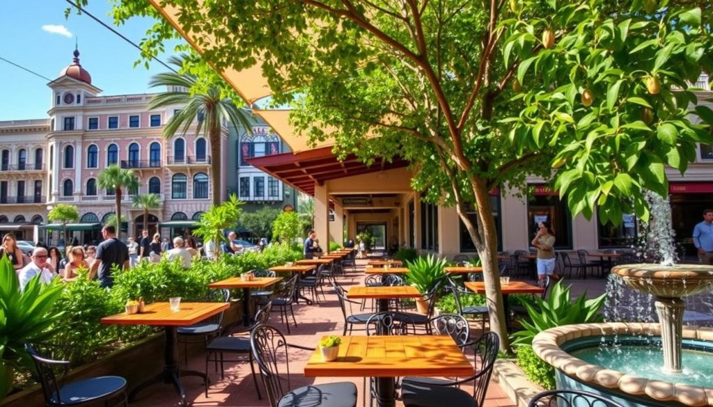 An airy, sun-drenched outdoor café nestled in the heart of Orlando, bustling with the vibrant energy of an international culinary scene. Wooden tables and wrought-iron chairs invite diners to savor flavors from around the globe - sizzling paella, fragrant curries, and artfully plated sushi. Lush greenery and a trickling fountain create a serene oasis, while the occasional waft of spices and herbs tantalizes the senses. In the background, the iconic architecture of historic buildings sets the stage for this gastronomic exploration, inviting visitors to discover the diverse tastes that make Orlando a culinary destination. Visit 196.travel