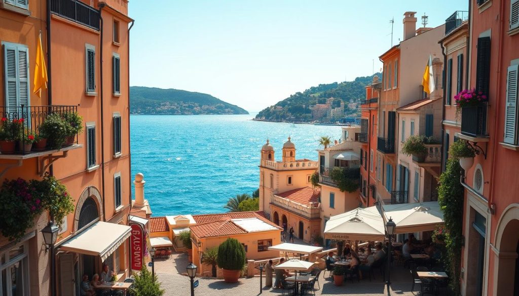 Charming Mediterranean towns nestled along the idyllic French Riviera coastline, with sun-drenched plazas, pastel-colored buildings, and cobblestone streets. Warm, gentle light bathes the scene, highlighting the region's timeless architecture and vibrant local culture. In the foreground, a bustling outdoor cafe invites visitors to linger and soak in the relaxed, laid-back atmosphere. In the middle ground, picturesque streets wind between quaint shops and historic landmarks. The background features the sparkling azure waters of the Côte d'Azur, framed by lush hills and a cloudless azure sky. 196.travel
