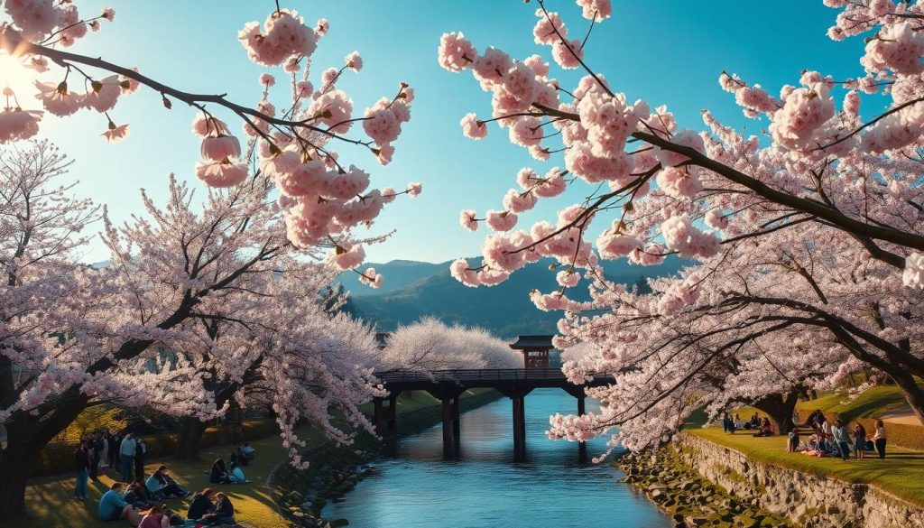 Cherry blossoms in full bloom line the banks of a serene Japanese river, their delicate pink petals swaying gently in the soft breeze. The sunlight filters through the branches, casting a warm, golden glow over the scene. In the foreground, people gather in small groups, picnicking and taking in the breathtaking view. In the middle ground, traditional wooden bridges arch over the water, providing a picturesque vantage point. In the background, rolling hills and lush greenery create a tranquil, idyllic landscape. Captured with a wide-angle lens to showcase the scale and grandeur of this quintessential "hanami" (cherry blossom viewing) spot in Japan. 196.travel