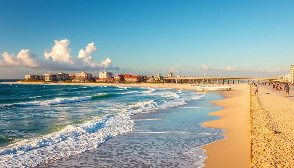 Daytona Beach, the iconic coastal destination of Florida's Atlantic shore. A pristine stretch of golden sand, framed by the crashing waves of the turquoise ocean and the vibrant blue sky. In the foreground, beachgoers stroll along the boardwalk, enjoying the salty breeze and the rhythmic cadence of the surf. In the middle ground, classic Floridian architecture and palm trees dot the landscape, creating a picturesque scene. The background is dominated by the dramatic silhouette of the Daytona Beach pier, a testament to the region's rich history and coastal charm. Bathed in warm, golden light, this serene seaside tableau evokes a sense of tranquility and escape. Visit 196.travel