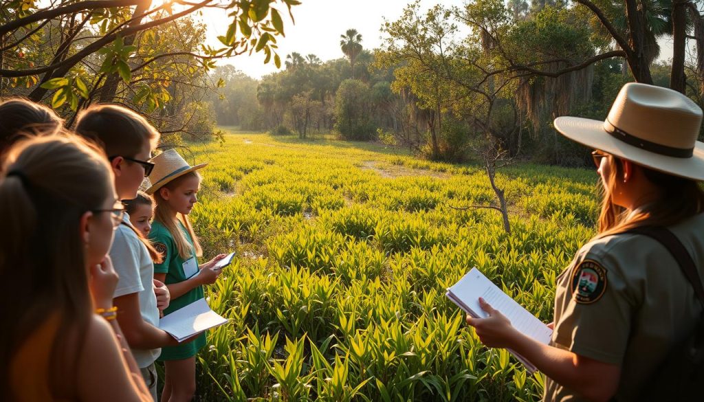Everglades National Park educational programs in a warm, natural setting. In the foreground, a group of students intently observing and taking notes, guided by a knowledgeable park ranger. The middle ground features lush, verdant wetlands teeming with diverse flora and fauna, inviting exploration. In the background, the iconic sawgrass marshes and mangrove forests stretch out, creating a serene and immersive backdrop. Soft, golden lighting filters through the canopy, casting a gentle glow over the scene. Captured with a wide-angle lens to emphasize the vastness and interconnectedness of the Everglades ecosystem. Conveys a sense of wonder, learning, and environmental stewardship. Visit 196.travel