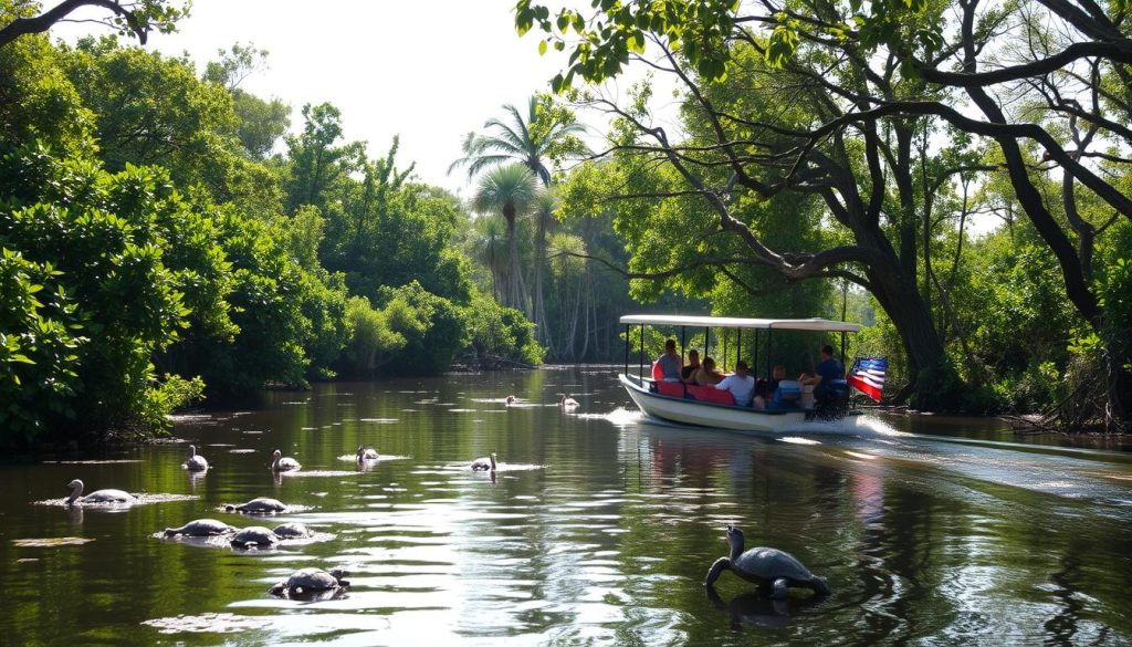 Everglades ecotours: A serene river journey through lush mangrove forests, with sunlight filtering through the canopy. In the foreground, a small eco-tour boat glides across calm waters, its passengers eagerly observing the diverse wildlife. The middle ground features a variety of birds, turtles, and other creatures native to the Everglades ecosystem. In the background, the distant sawgrass marshes and cypress swamps create a tranquil, natural backdrop. The overall scene conveys a sense of adventure and immersion in the Everglades' delicate balance. Visit 196.travel