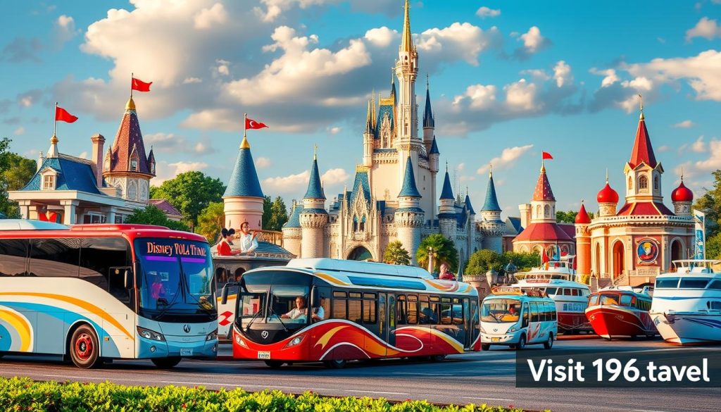 High-resolution, detailed image of the transportation options at the Disney World theme parks, featuring iconic Disney vehicles and structures in the foreground, middle ground, and background. Bright, vibrant colors capturing the whimsical and magical atmosphere of the Disney experience. Smooth, photorealistic style with intricate details and realistic lighting. Includes buses, monorails, boats, and other transportation modes with the Disney World landmarks and scenery in the background. Branded with "Visit 196.travel" in the bottom right corner.