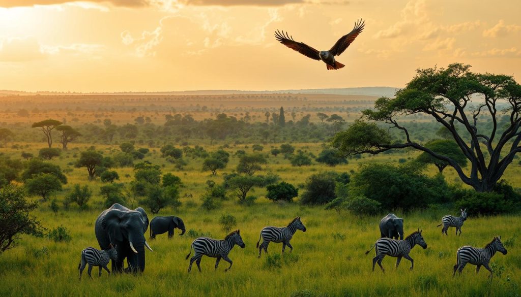 Lush African savanna stretching into the horizon, dotted with towering acacia trees. In the foreground, a curious elephant family grazes peacefully, their trunks swaying in the gentle breeze. Zebras and gazelles dart between the tall grasses, their stripes and patterns creating a mesmerizing dance. Overhead, a majestic eagle soars, its keen eyes scanning the landscape for prey. Warm, golden sunlight filters through wispy clouds, casting a magical glow over the entire scene. A sense of adventure and discovery permeates the air, inviting the viewer to embark on an unforgettable wildlife exploration.