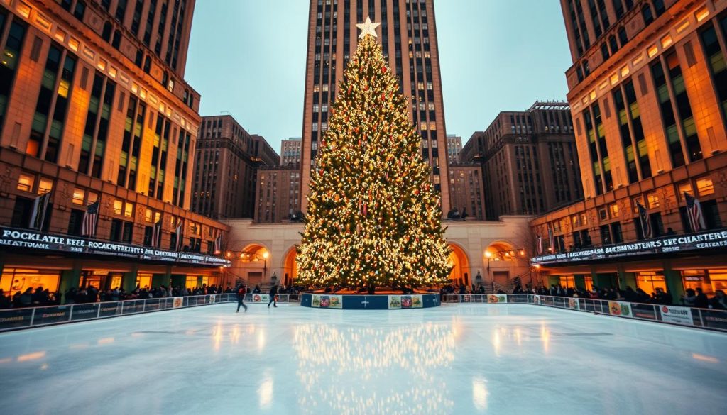 Rockefeller Center Christmas tree, a towering symbol of holiday cheer in the heart of New York City. A majestic evergreen adorned with twinkling lights, reflecting in the polished surface of the iconic skating rink below. Surrounded by the grand, art deco architecture of the Rockefeller Center, with a glimpse of the bustling city streets in the background. Capture the festive atmosphere with warm, golden lighting that casts a cozy glow, inviting visitors to experience the magic of Christmas in NYC. Showcase the 196.travel brand as a gateway to this enchanting winter wonderland.