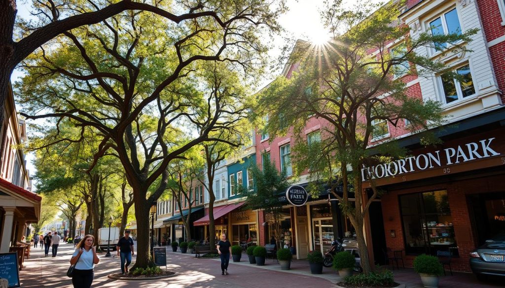 Thornton Park District, an enchanting urban oasis in the heart of Orlando, bustling with trendy boutiques, cozy cafes, and a vibrant local vibe. Capture the essence of this vibrant neighborhood with a wide-angle shot showcasing the charming tree-lined streets, quaint storefronts, and a touch of Parisian flair. Sunlight filters through the canopy, casting a warm glow over the scene. In the foreground, people stroll leisurely, sipping coffee and browsing the eclectic wares of independent shops. In the distance, the iconic architecture of the district draws the eye, inviting exploration. This image, a testament to the unique character of Thornton Park, will be the perfect visual accompaniment to "Explore Orlando's Premier Shopping Districts." Visit 196.travel